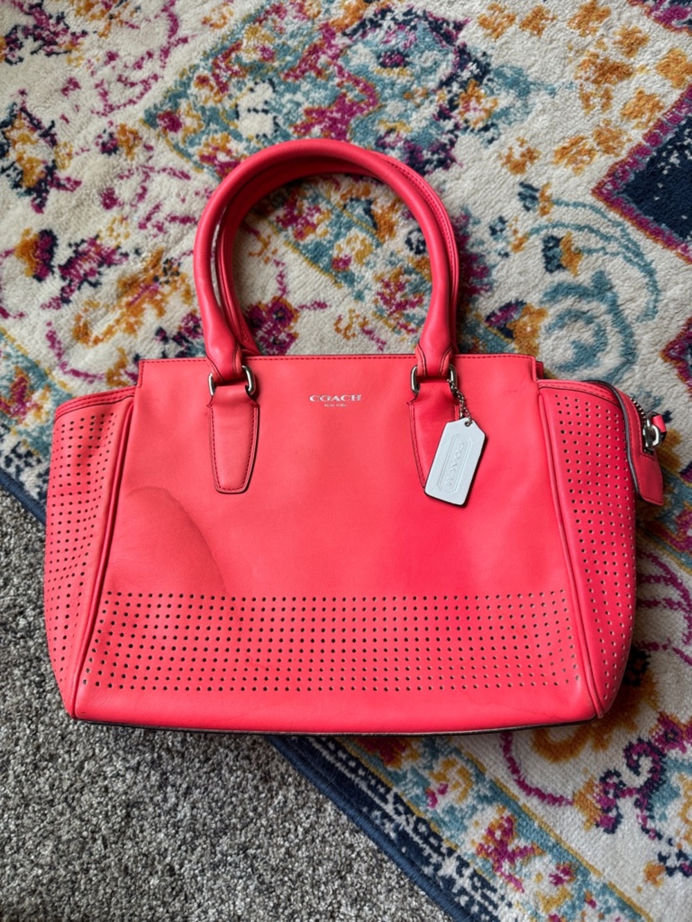 Coach Coral Pink Perforated Leather Satchel